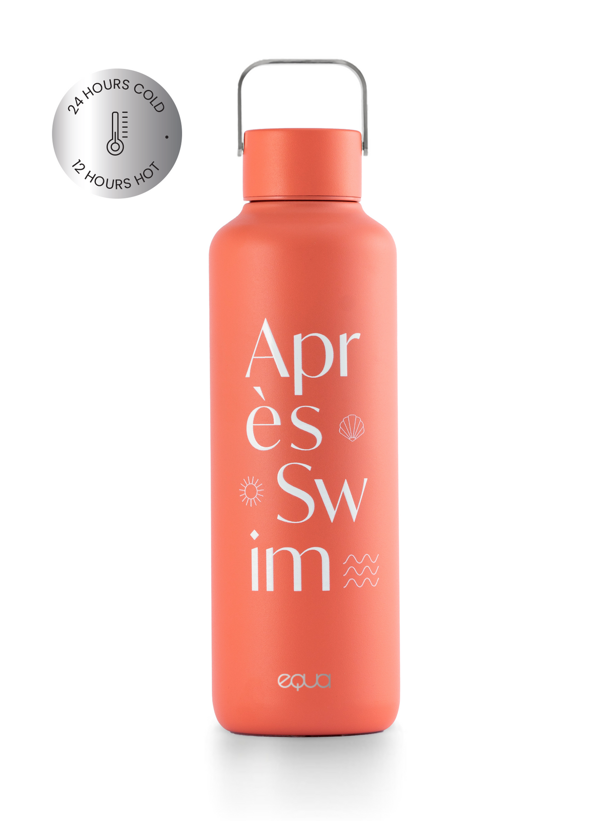 Thermos Trinkflasche aus hochwertigem doppelt vakuum isoliertem Edelstahl. Hält Getränke bis zu 24 Stunden kalt oder 12 Stunden heiss. In leuchtendem orange mit dem sommerlichen Aufdruck in weiss 'aprés swim'