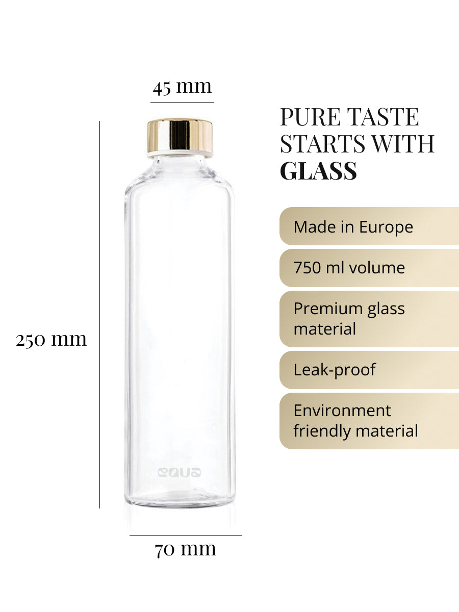 Purer unverfälschter Geschmack beginnt beim Material der Trinkflasche. Unsere Glastrinklaschen garantieren Geschmacksneutralität. Glasflasche produziert in Europa. 750ml Volumen. Hochwertiges premium Borosilikatglas. Mit Schutzhülle faux-leather schwarz für on the go. Auslaufsicher. Nachhaltig.
