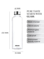 Purer unverfälschter Geschmack beginnt beim Material der Trinkflasche. Unsere Glastrinklaschen garantieren Geschmacksneutralität. Glasflasche produziert in Europa. 750ml Volumen. Hochwertiges premium Borosilikatglas. Auslaufsicher. Nachhaltig.