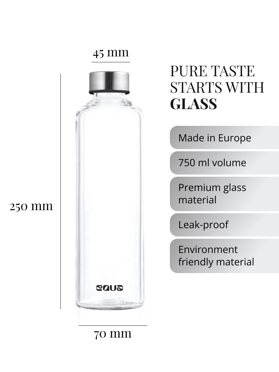 Purer unverfälschter Geschmack beginnt beim Material der Trinkflasche. Unsere Glastrinklaschen garantieren Geschmacksneutralität. Glasflasche produziert in Europa. 750ml Volumen. Hochwertiges premium Borosilikatglas - matt. Auslaufsicher. Nachhaltig.