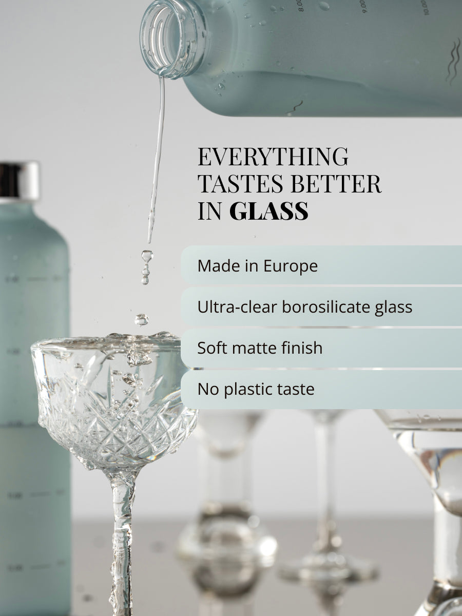 Wasserflasche aus hitzebeständigem ultra klarem Borosilikatglas. Hergestellt in Europa. Geschmacksneutral - kein Plastikgeschmack - keine Edelstahlgeschmack.