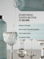 Wasserflasche aus hitzebeständigem Borosilikatglas mit beiger Hülle als Schutz für unterwegs. Hergestellt in Europa. Geschmacksneutral - kein Plastikgeschmack - keine Edelstahlgeschmack.