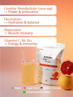 Rückseite der EQUA Recharge Tonic + Creatine Verpackung mit Einnahmeempfehlung und Inhaltsstoffen