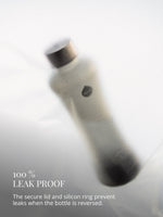 Pepper Trinkflasche aus hitzebeständigem Borosilikatglas. 100% auslaufsicher mit Edelstahldeckel und austauschbarem anti bakteriellem Silikonring.
