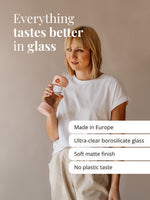 Trinkflasche aus hochwertigem Borosilikatglas für puren Geschmack ohne Plastik oder Edelstahl Geschmack. Made in Europe.