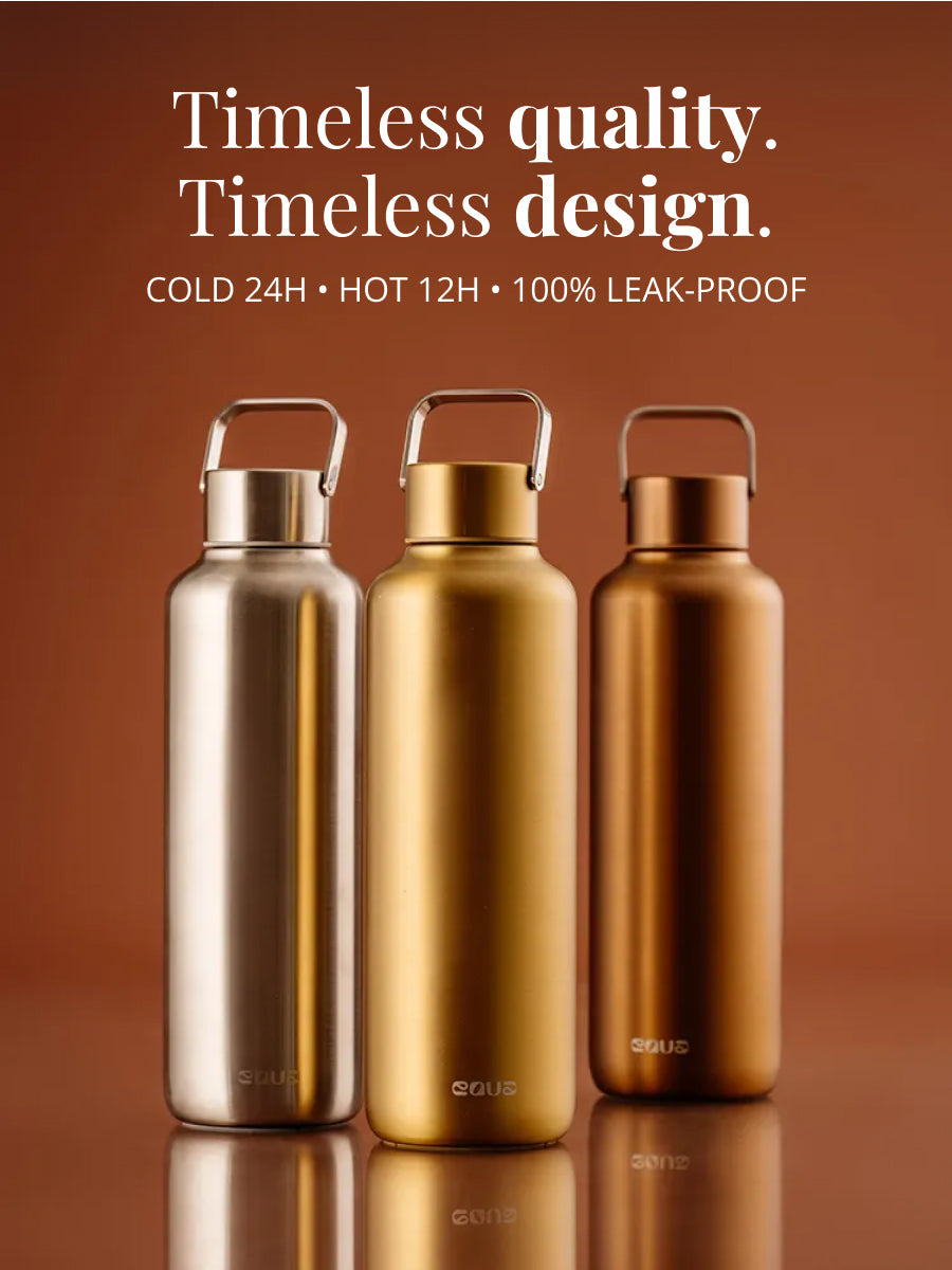 Edelstahl Trinkflasche Thermo mit zeitloser Qualität: hält Getränke bis zu 24 Stunden kalt oder 12 Stunden heiss und ist auslaufsicher. Zusammen mit der Thermo Trinkflasche Steel und Bronze gehört die Gold zur Podest collection.