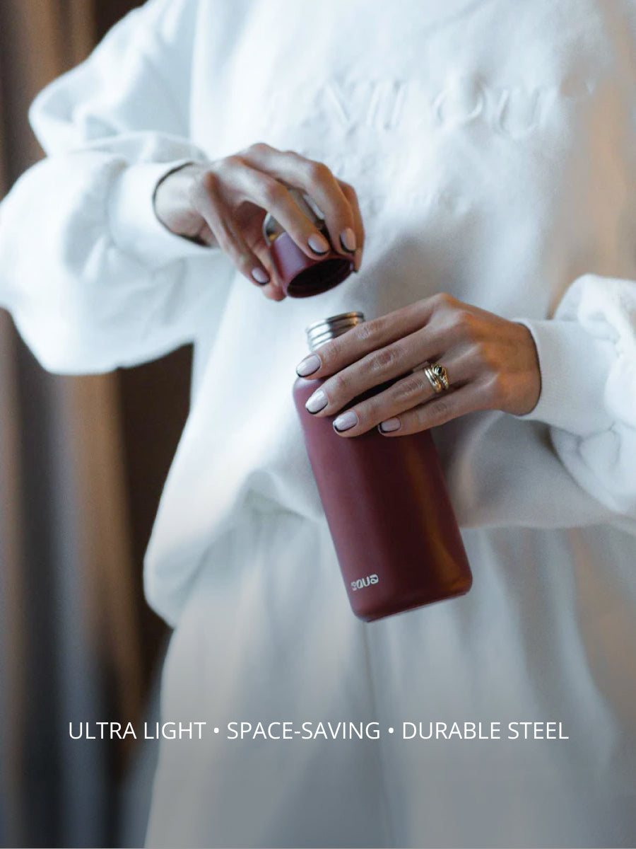 Ultraleichte Edelstahl Trinkflasche. Platzsparend. Robust. Auslaufsicher. Wiederverwendbar.