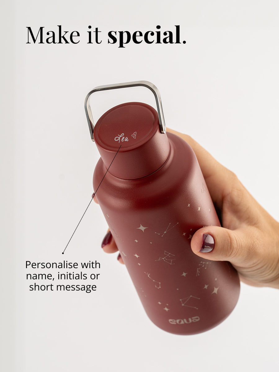 Personalisiere Deine Timeless Trinkflasche mit einer individuellen Gravur auf dem Deckel. Jetzt online personalisieren.