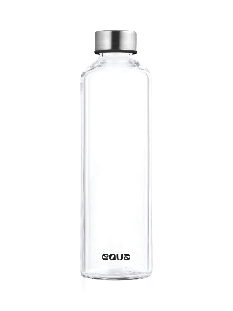 EQUA minimalistische Plain Black Glas Trinkflasche 750 ml. Form zylindrisch unisex und zeitlos.